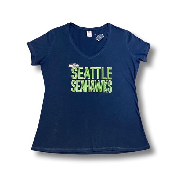 Women's Navy NFL Football Seattle Seahawks V-Neck T-Shirt NWT - Picture 1 of 5